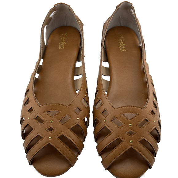 Thalia Sodi Women’s Zuly Cognac Leather Sandals 10‎ W EUC IN BOX - Picture 1 of 11